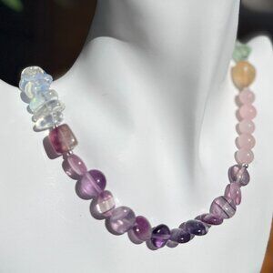 Handmade Opalite & Rose Quartz Crystal Necklace - Pink & Purple - New